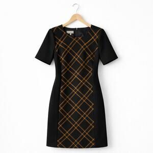 Hobbs London Mari Plaid Panel Shift Dress Black‎ Camel Size 10 Career Tailored